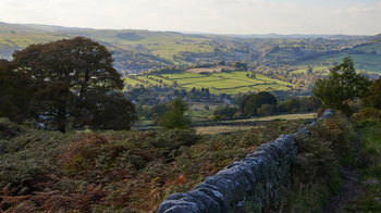 Fern field valley This landscape photograph features a fern field valley near Curbar Edge in Derbyshire, within the rural region of the Peak District, United Kingdom. Taken in the afternoon during autumn, the image captures rolling green fields segmented by dry stone walls, with scattered trees showing early signs of seasonal foliage change. The expansive view from Curbar Edge highlights the characteristic nature of the Peak District countryside, with distant farms and villages nestled among the hills. The presence of the dry stone wall in the foreground accentuates the traditional rural character of the area and guides the viewer's eye through the photograph, emphasizing the harmony between cultivated land and untamed nature in this part of Derbyshire.